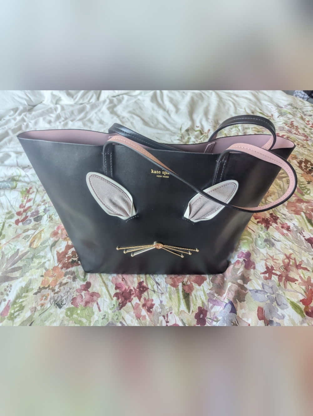 Kate Spade little len rabbit hop to it bunny black leather tote NWT
